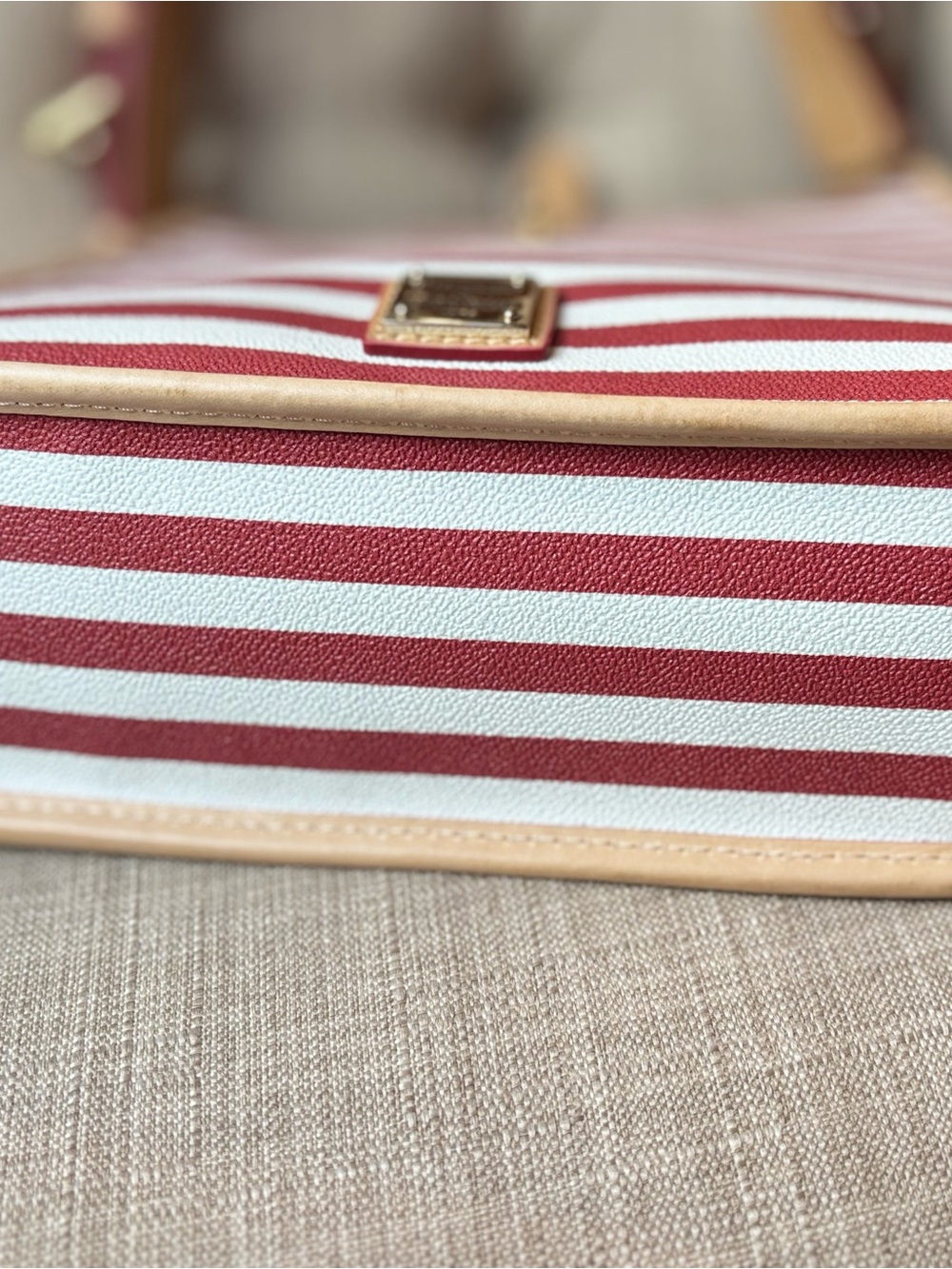 Dooney & Bourke Red and White Striped Shoulder/Messenger Bag with Tan Trim - Picture 7 of 8